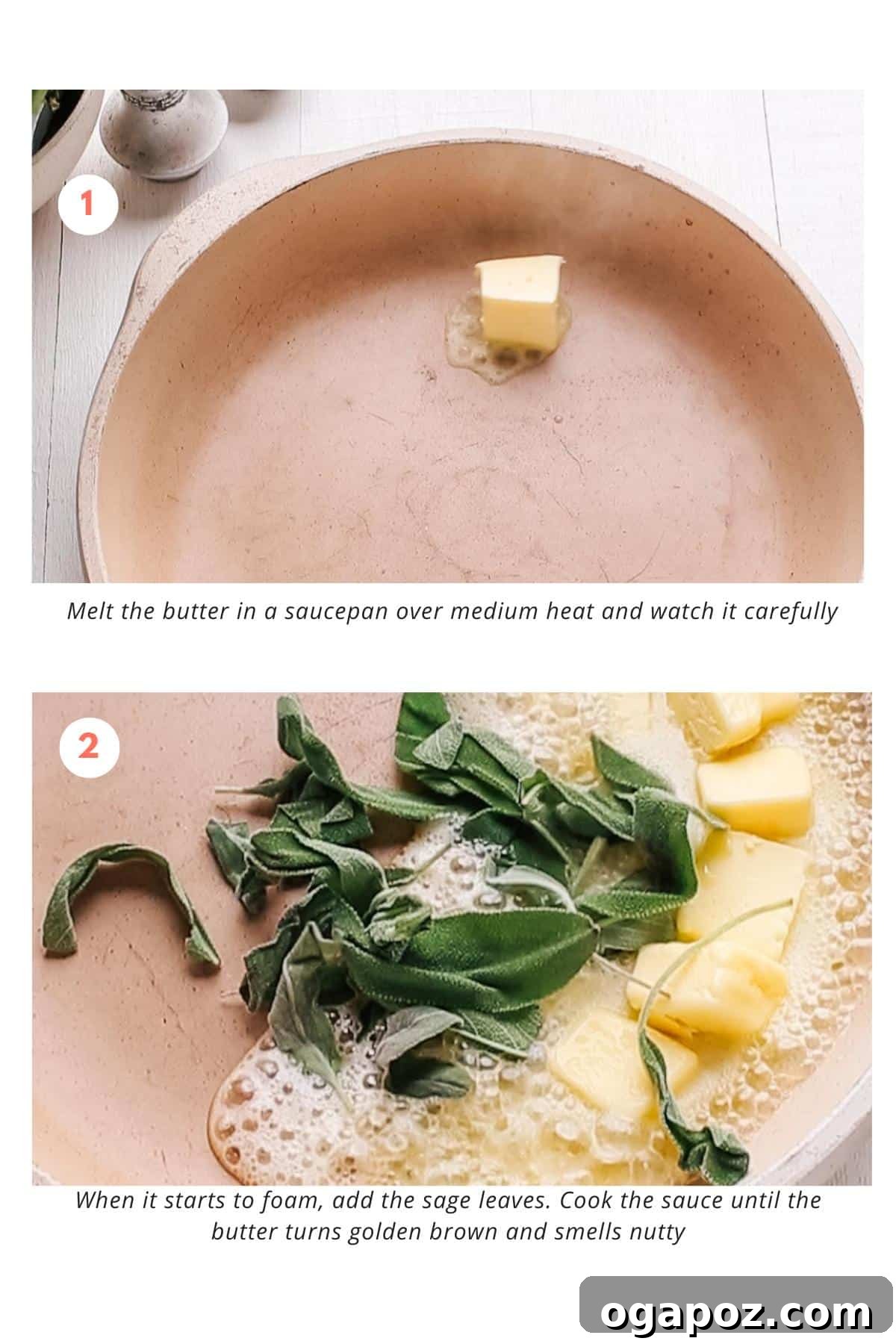 Golden Sage Butter Sauce Three Ingredients Five Minutes 4 Add butter and sage leaves in pan to brown