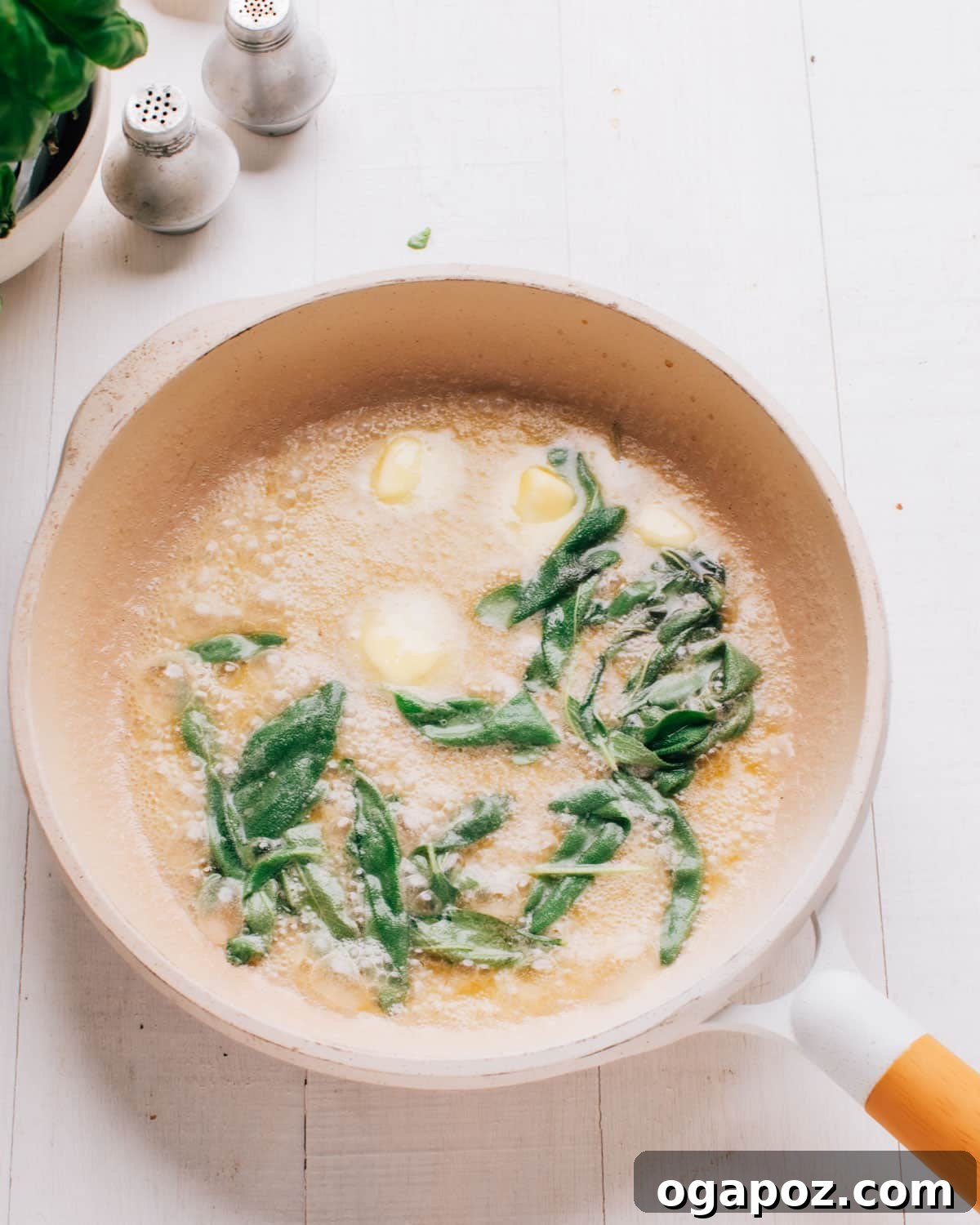 Golden Sage Butter Sauce Three Ingredients Five Minutes 8 Cooking brown butter and sage sauce in a pan.