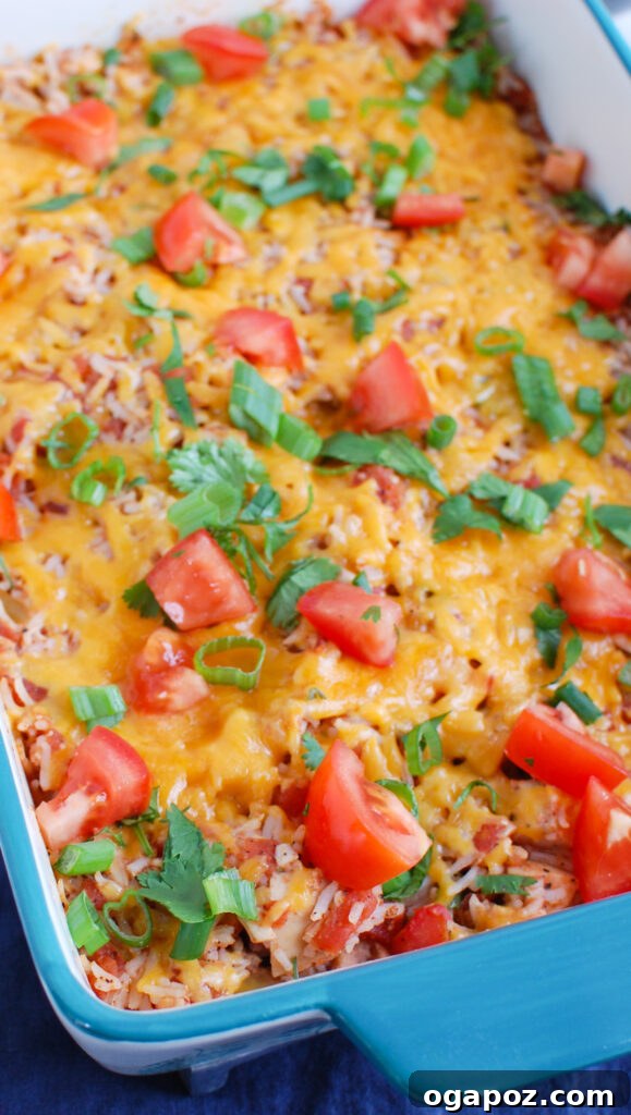 Fiesta Chicken Bake 3 Close-up of Mexican Chicken Casserole bubbling in a casserole dish straight from the oven.