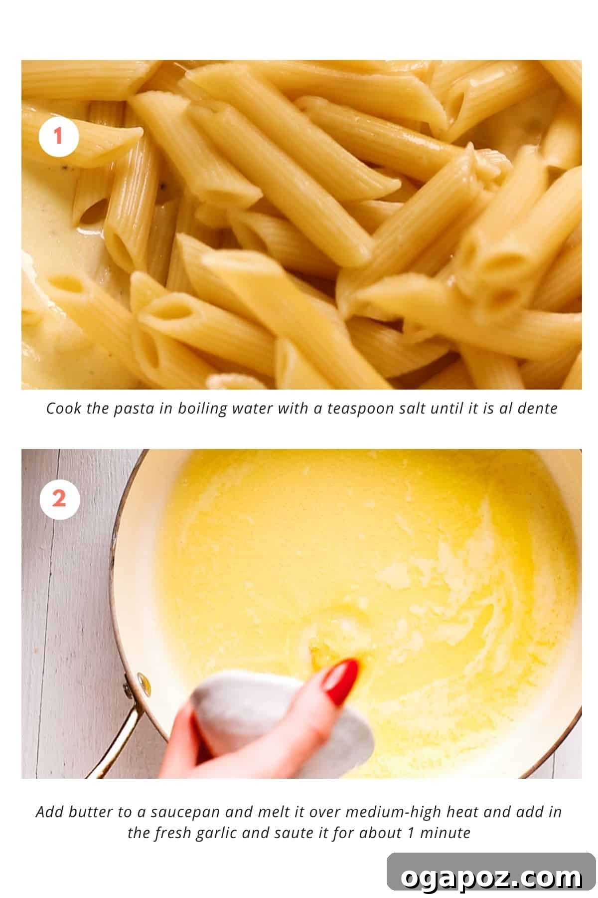 Easy Penne Alfredo: Your New Go-To Weeknight Meal 4 A two-part image showing pasta cooking in a pot and butter melting in a saucepan with garlic.