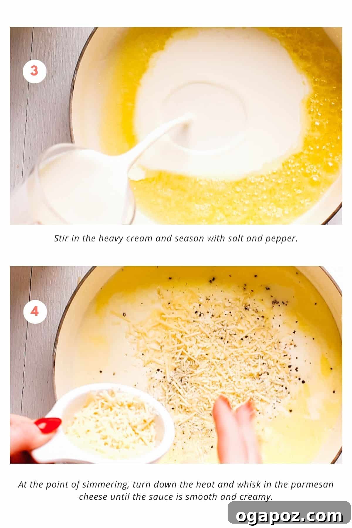 Easy Penne Alfredo: Your New Go-To Weeknight Meal 5 A saucepan with heavy cream, butter, and garlic, seasoned with black pepper and salt.