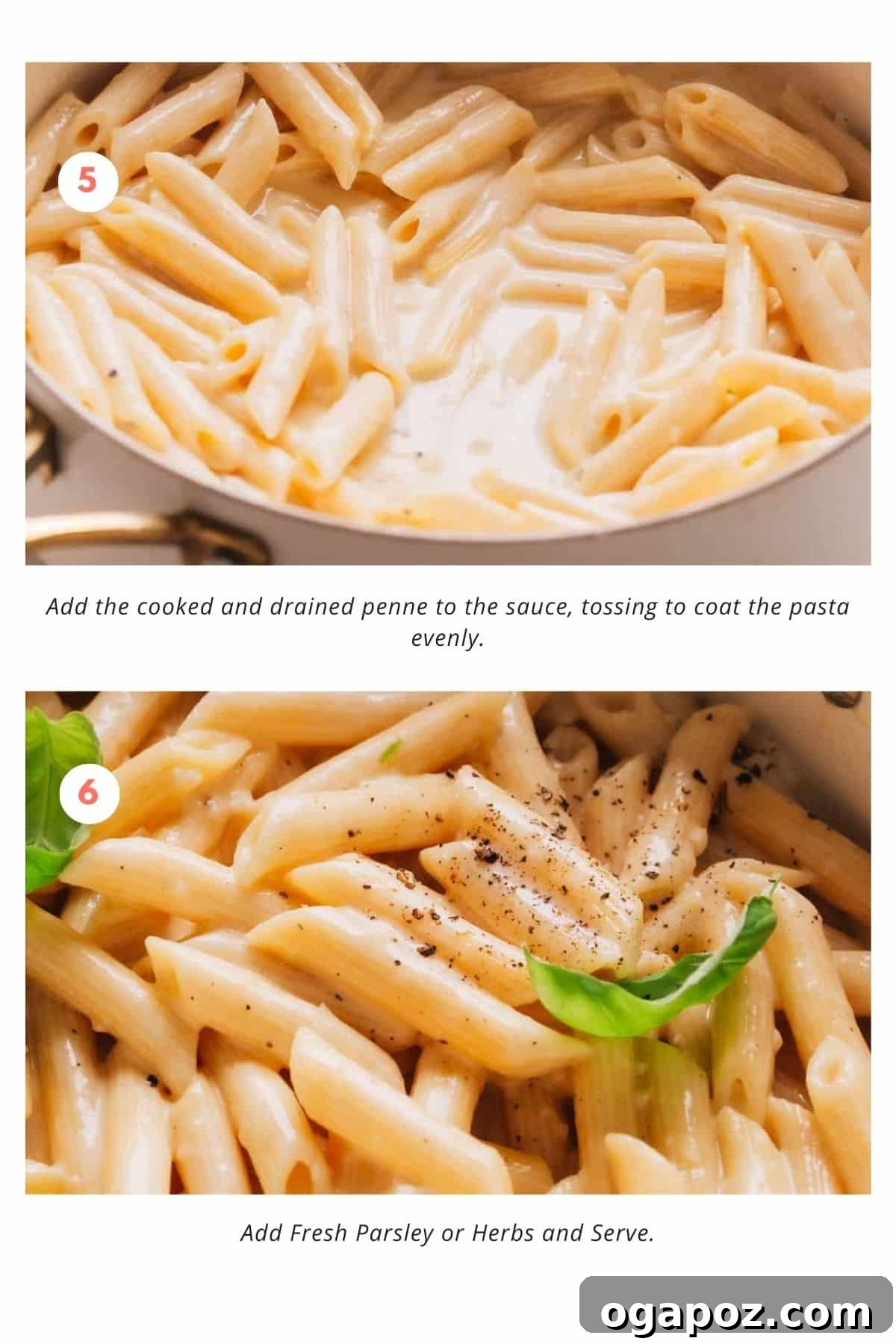 Easy Penne Alfredo: Your New Go-To Weeknight Meal 6 Close-up of penne alfredo pasta added to cream sauce and ready to serve.