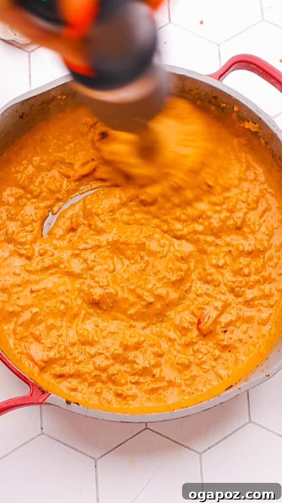 Creamy Butter Paneer 11 Blending the Butter Paneer sauce to a smooth, creamy consistency using an immersion blender.
