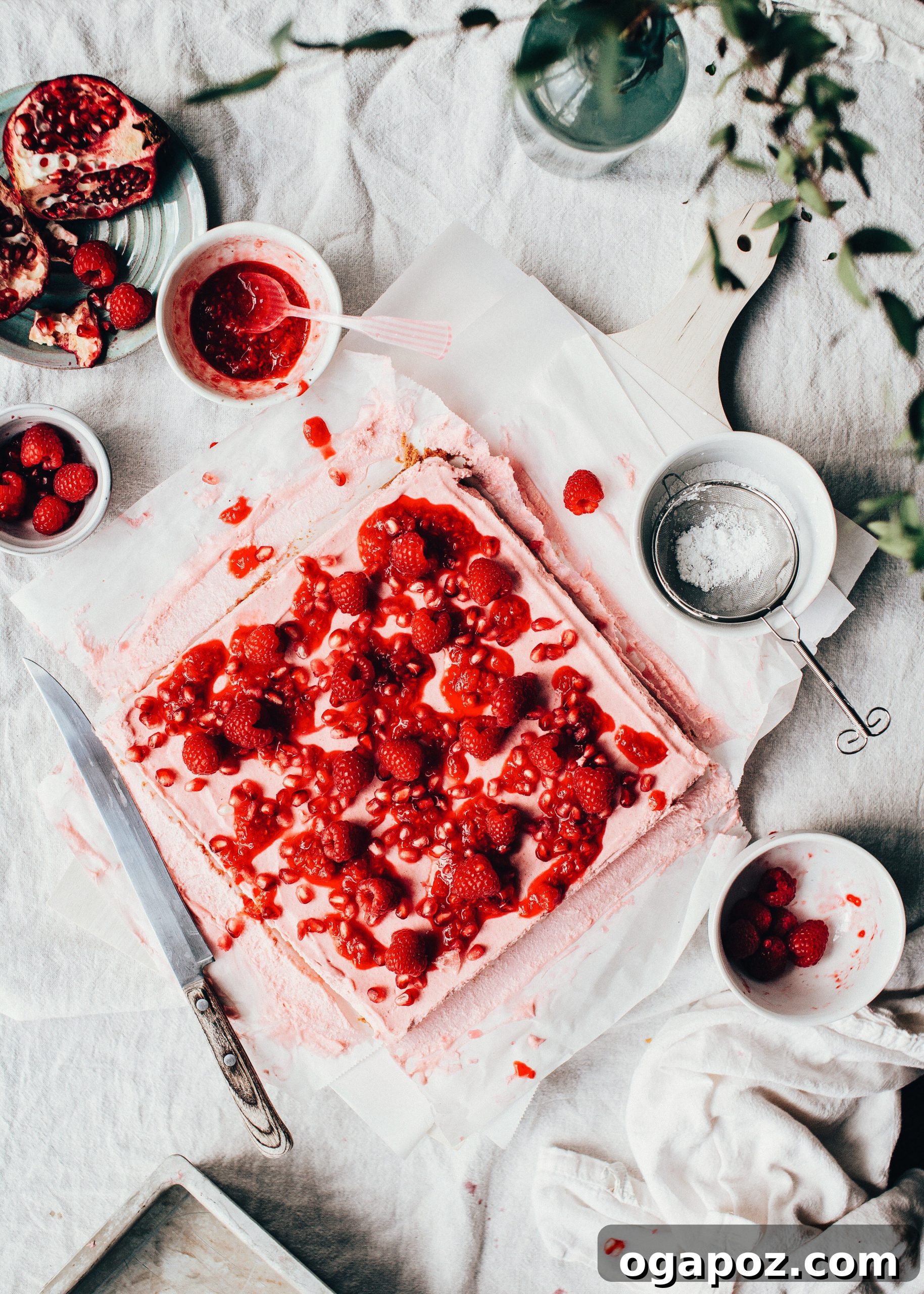 Luscious Raspberry Mousse Squares 4 Close-up detailed shot of Raspberry Mousse Squares, highlighting the layered structure of mousse and crust, topped with berries.