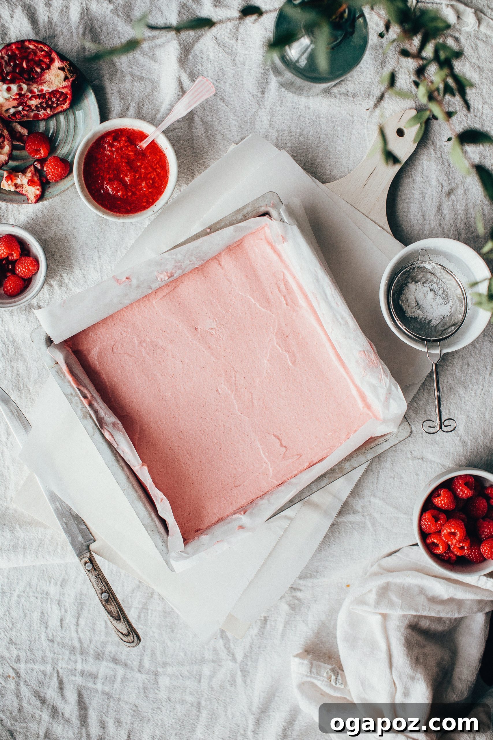 Luscious Raspberry Mousse Squares 9 A single, perfectly cut Raspberry Mousse Square, elegantly decorated with berries and a dusting of sugar.