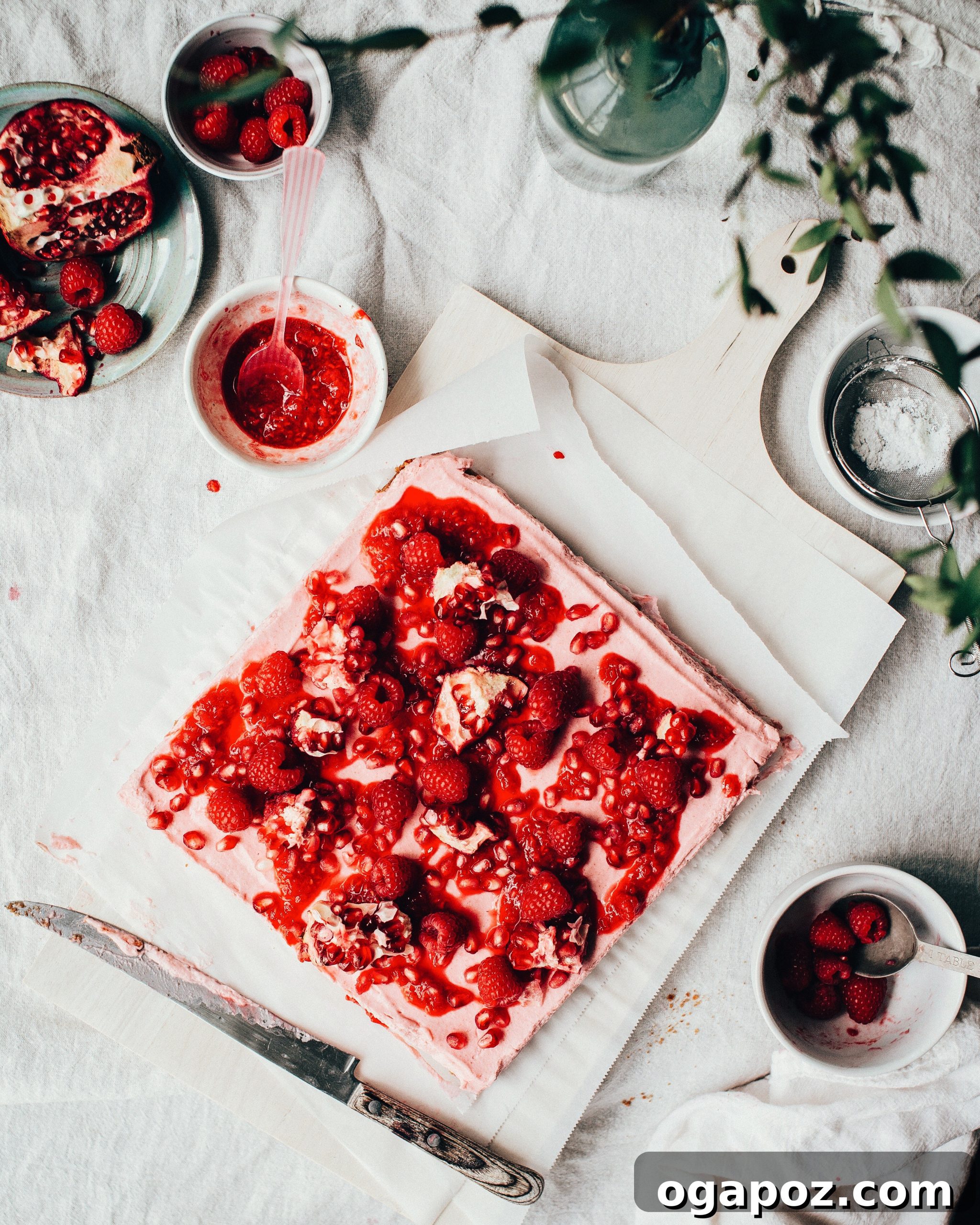 Luscious Raspberry Mousse Squares 10 A serving of Raspberry Mousse Square on a rustic white plate, garnished with fresh fruit.