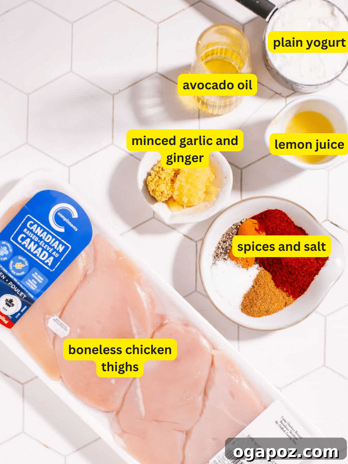 Ultimate Chicken Tikka: Grill, Oven, & Air Fryer 3 A selection of fresh chicken tikka ingredients including yogurt, spices, lemon, ginger, and garlic.