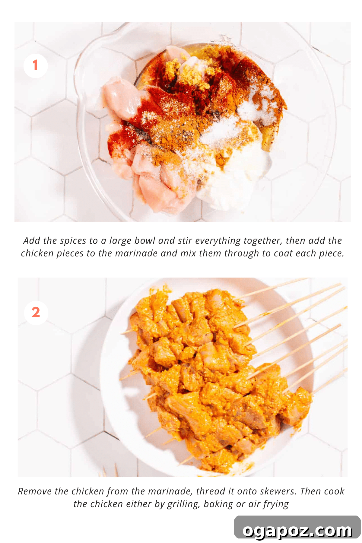 Ultimate Chicken Tikka: Grill, Oven, & Air Fryer 4 Step-by-step images showing how to marinate and skewer chicken tikka.