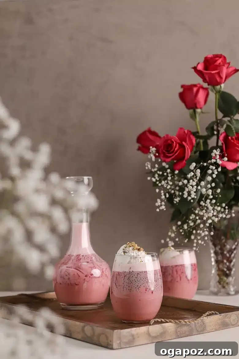 Easy Indian Desserts That Wow 24 A vibrant glass of Vegan Rose Falooda, a layered ice cream float featuring basil seeds, coconut, oats, and pistachios for a medley of tastes and textures.