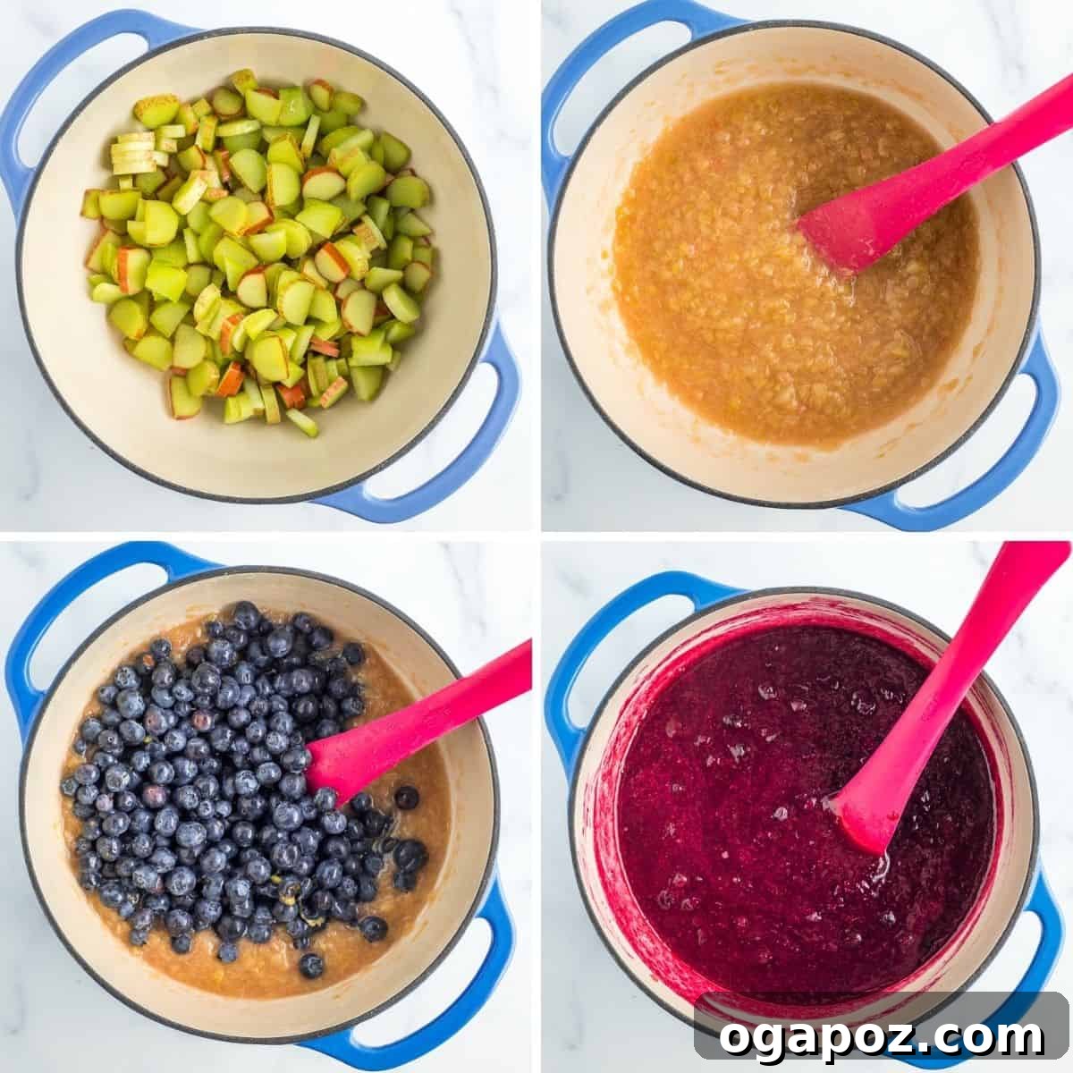 Our Go-To Easy Rhubarb Recipes 19 Jars of homemade Blueberry Rhubarb Jam with a rich, deep purple-red color, showcasing the beautiful blend of fruits.