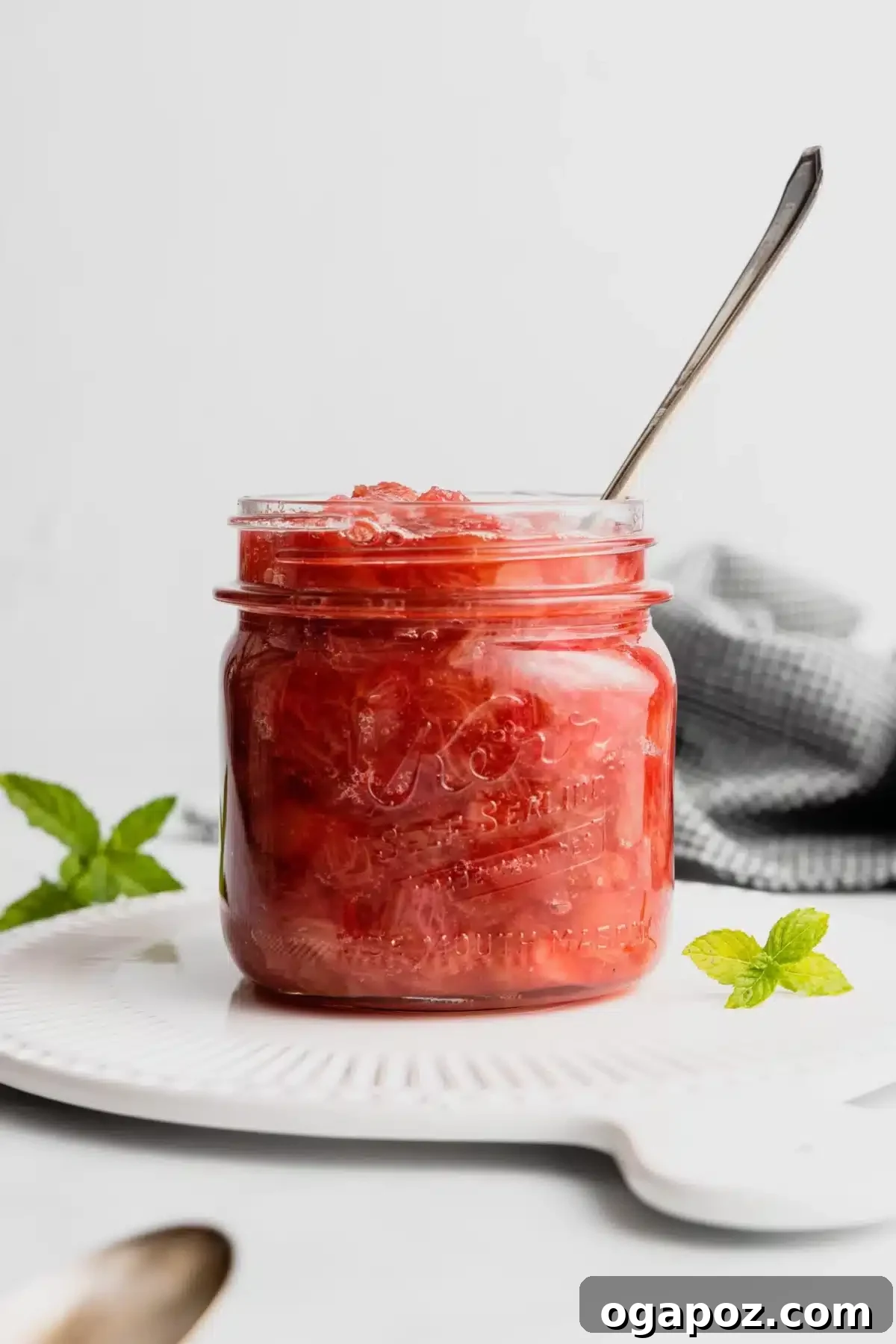 Our Go-To Easy Rhubarb Recipes 20 A bowl of easy rhubarb compote, showcasing its soft texture and vibrant pink color, garnished with a mint leaf.