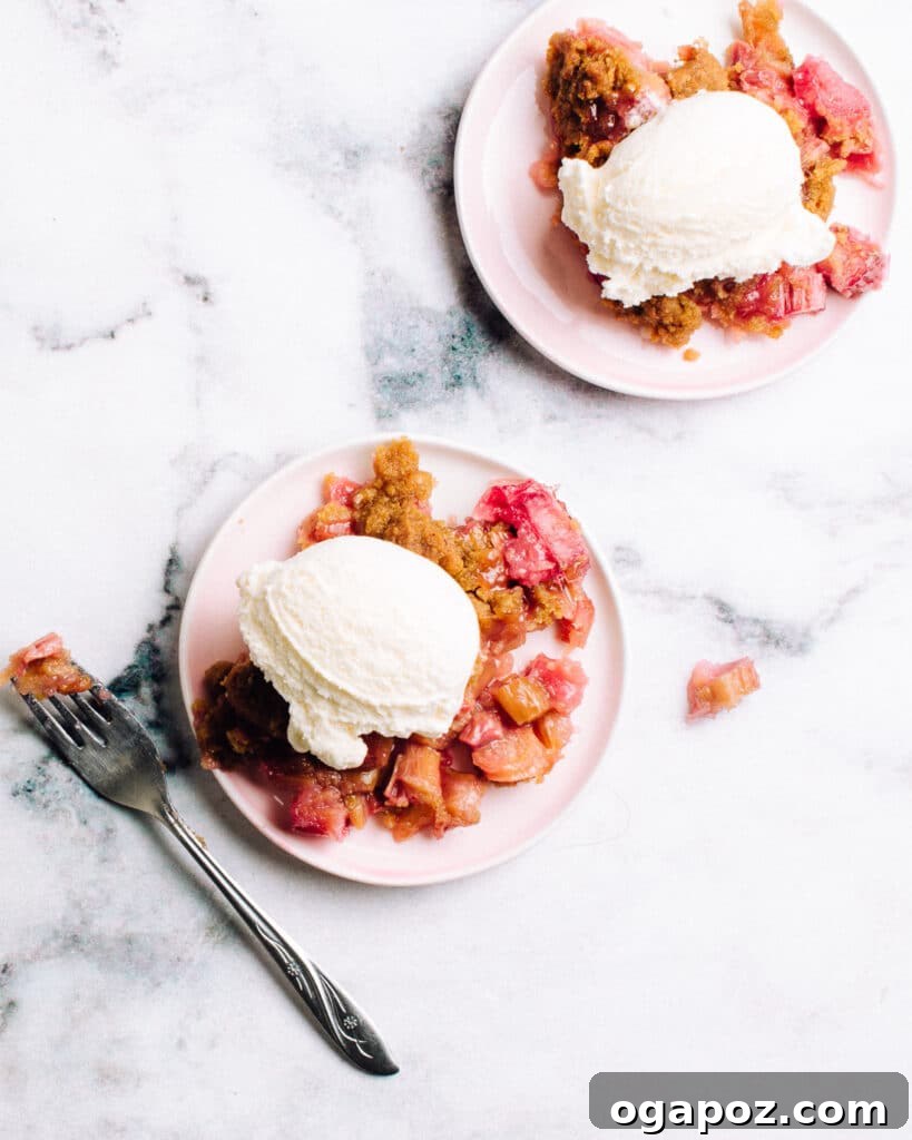 Our Go-To Easy Rhubarb Recipes 3 Easy Rhubarb Crisp served warm in bowls with melting vanilla ice cream, a perfect summer dessert.