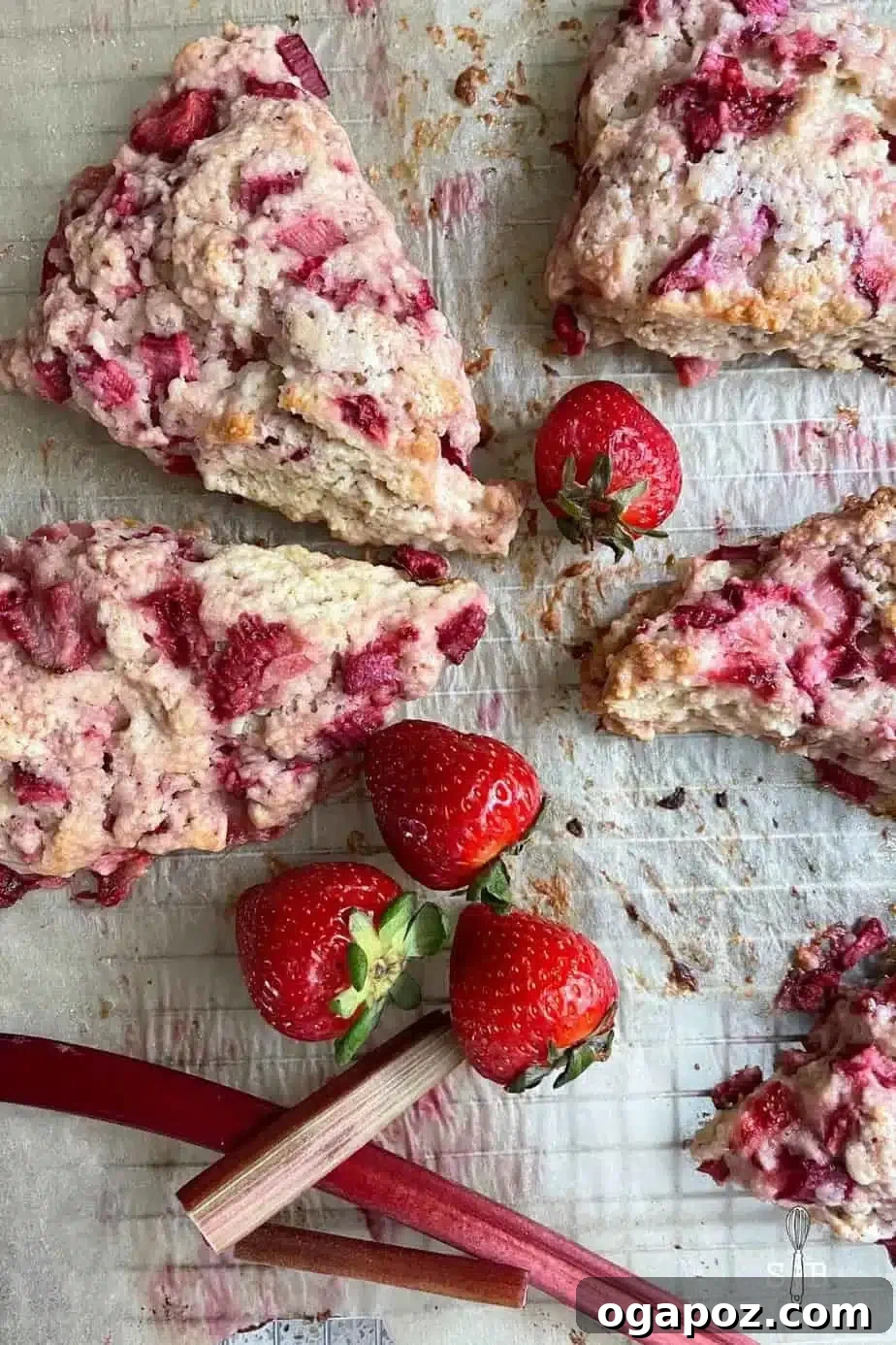 Our Go-To Easy Rhubarb Recipes 26 Freshly baked rhubarb scones, golden brown and generously studded with vibrant pieces of fruit, on a wire rack.