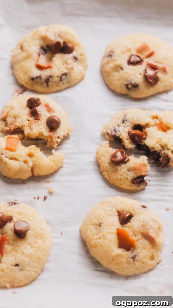 Our Go-To Easy Rhubarb Recipes 4 Freshly baked rhubarb cookies arranged on a cooling rack, showing their soft, cake-like texture.