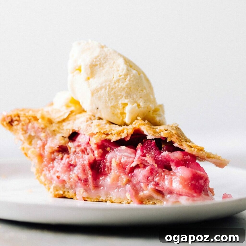 Our Go-To Easy Rhubarb Recipes 5 A generous slice of classic strawberry rhubarb pie with a decorative lattice crust, served with a scoop of vanilla ice cream.