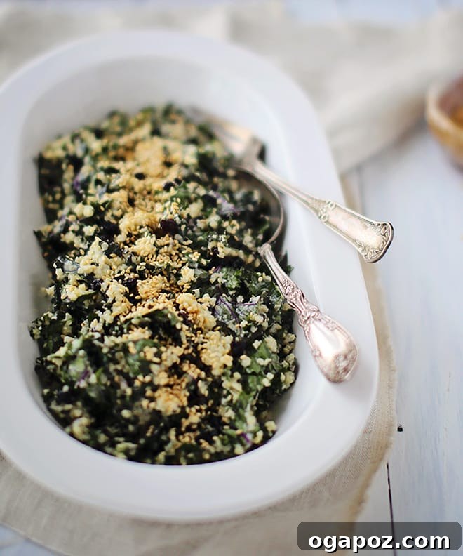35+ Irresistible Side Dishes for Salmon 26 Shredded Kale and Quinoa Salad with creamy tahini dressing.