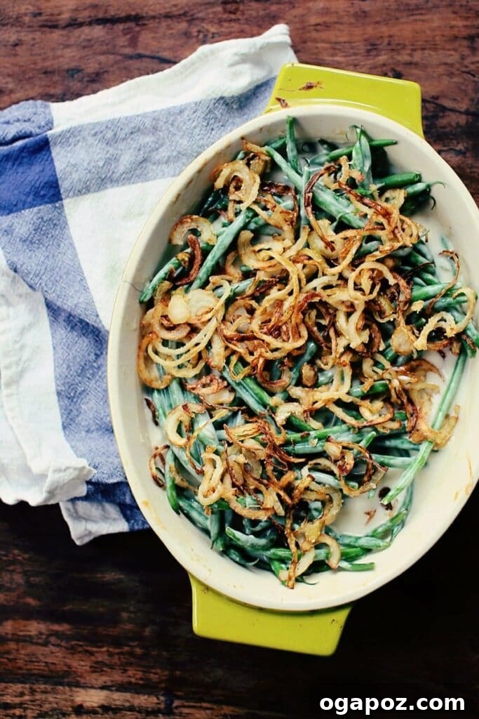 35+ Irresistible Side Dishes for Salmon 7 Classic Green Bean Casserole with a generous topping of crispy fried onions.