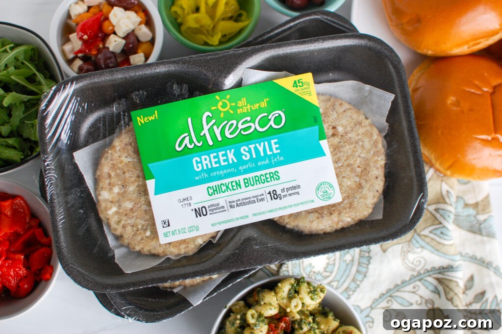 Zesty Greek Chicken Burgers 3 Al fresco Greek Chicken Burgers in their packaging