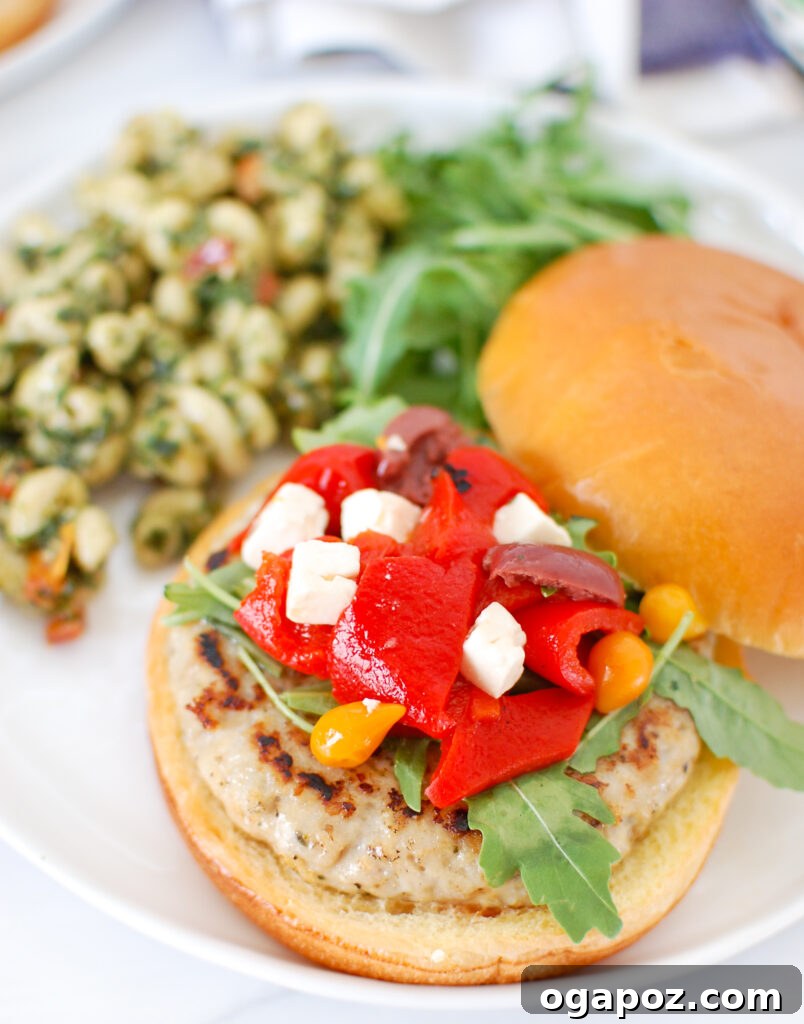 Zesty Greek Chicken Burgers 4 Greek Chicken Burger on a bun with fresh toppings