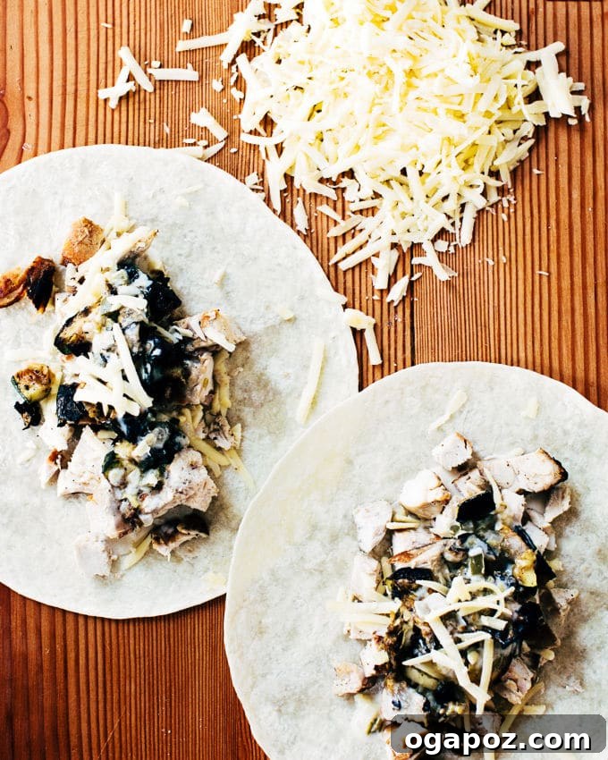 Hands carefully assembling a flour tortilla with chopped grilled chicken, zucchini, grated cheese, and a drizzle of white sauce before rolling.