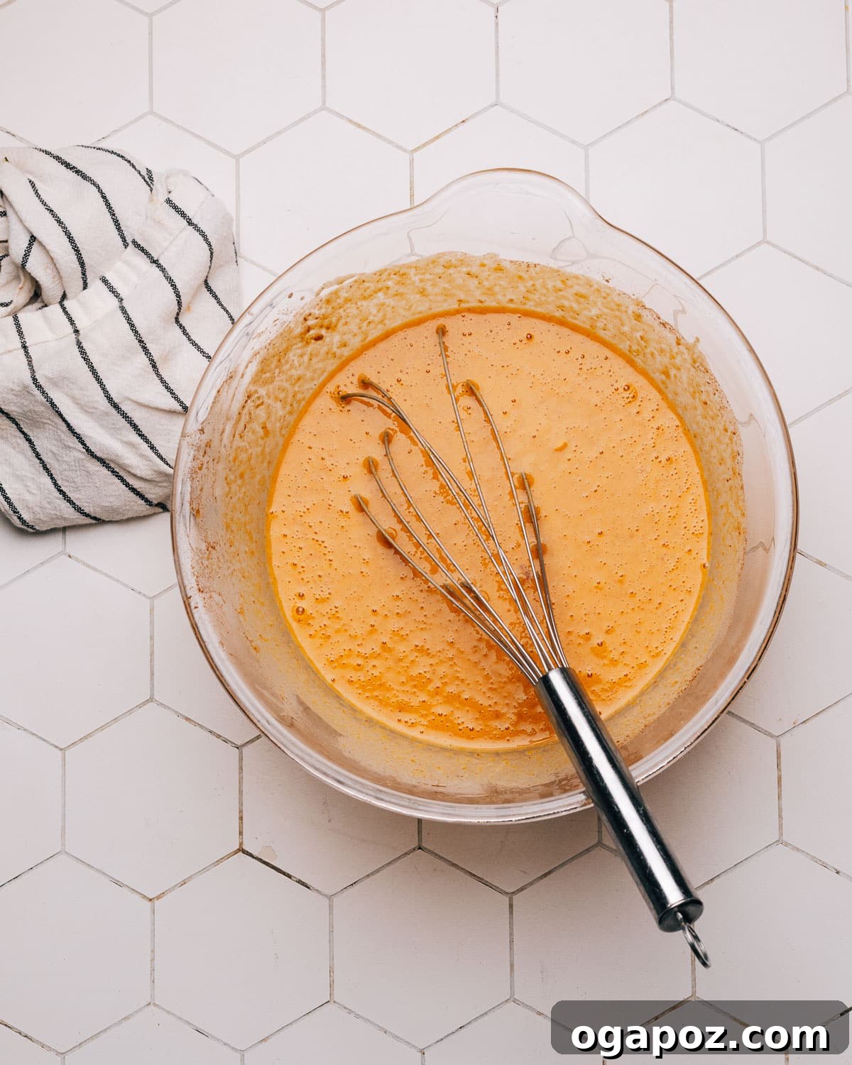 Golden Autumn Spiced Pumpkin Cake 3 Step-by-step imagery showing the process of mixing ingredients for pumpkin cake.