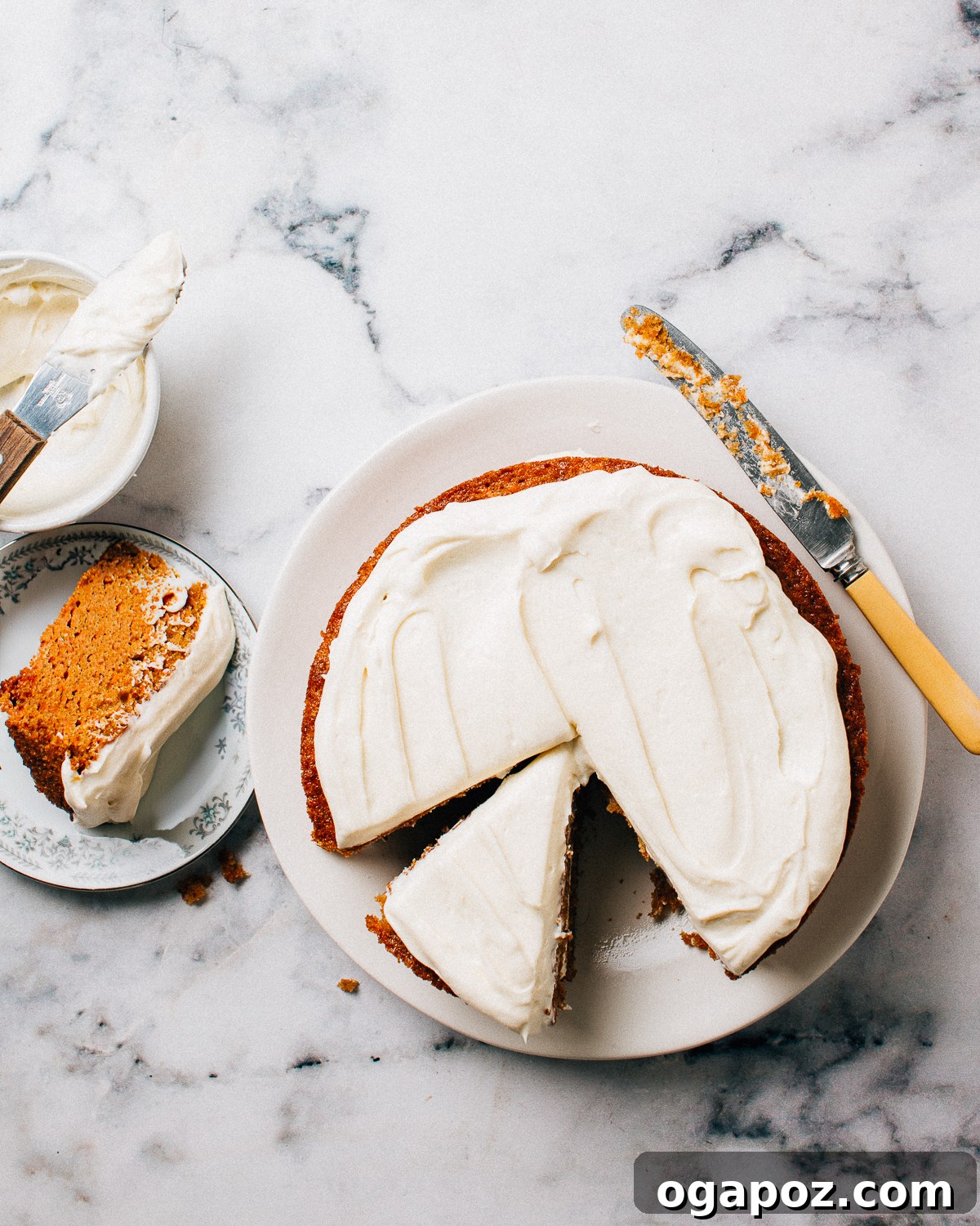 Golden Autumn Spiced Pumpkin Cake 4 Close-up of a perfectly frosted pumpkin spice cake slice, highlighting its moist texture and rich flavors.