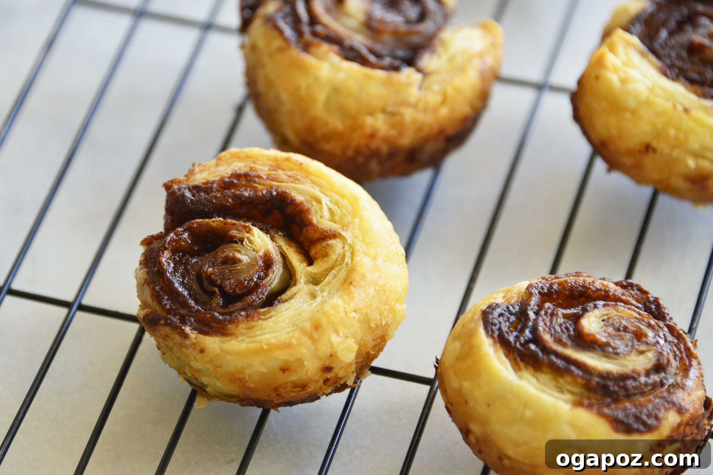 Effortless Cinnamon Puff Pastry Swirls 2 Easy Puff Pastry Cinnamon Swirls arranged beautifully on a baking rack, showcasing their golden crust and enticing swirls.