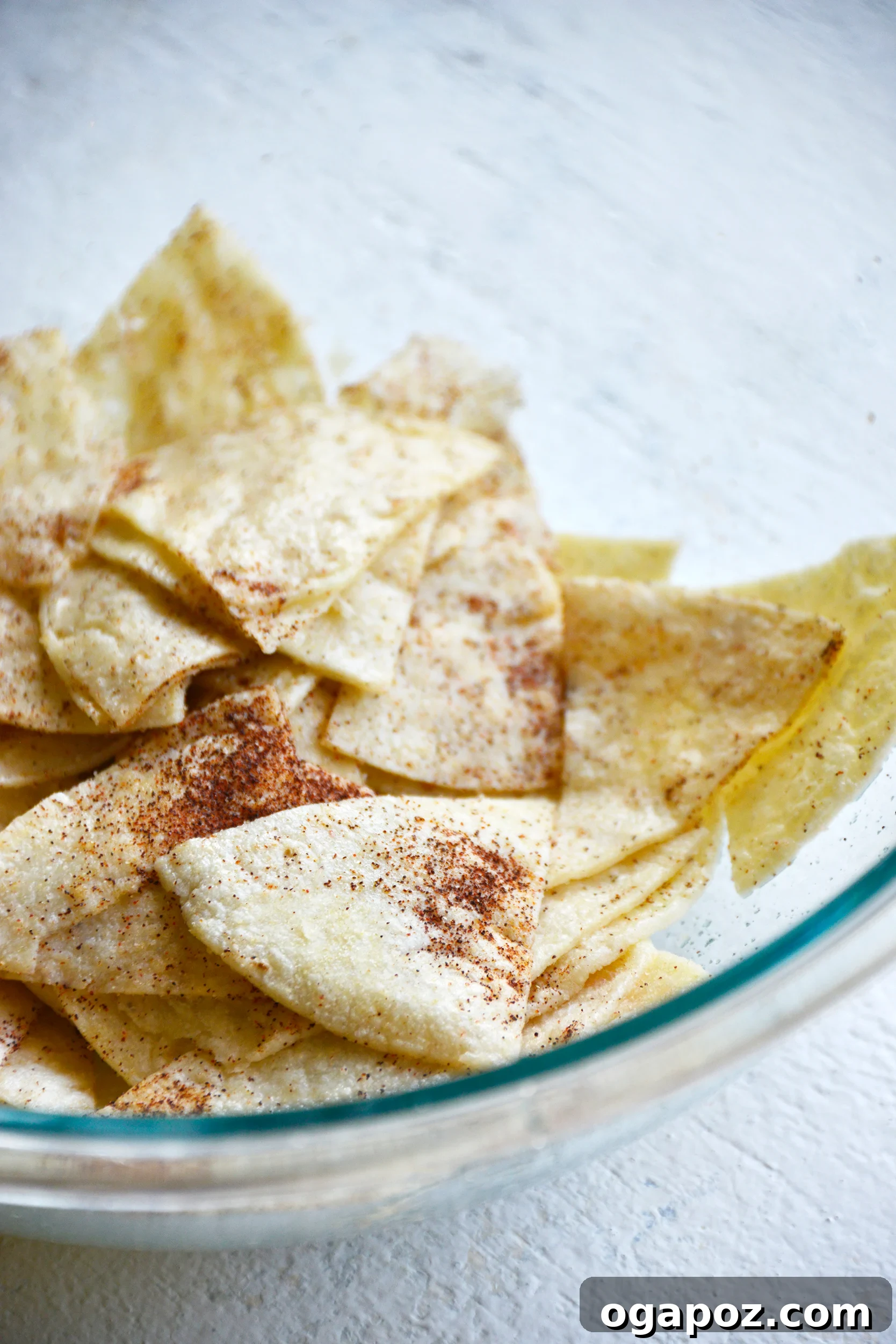 The Art of Homemade Tortilla Chips 5 Tortilla wedges gently tossed in a bowl with oil and spices, showing even coating.
