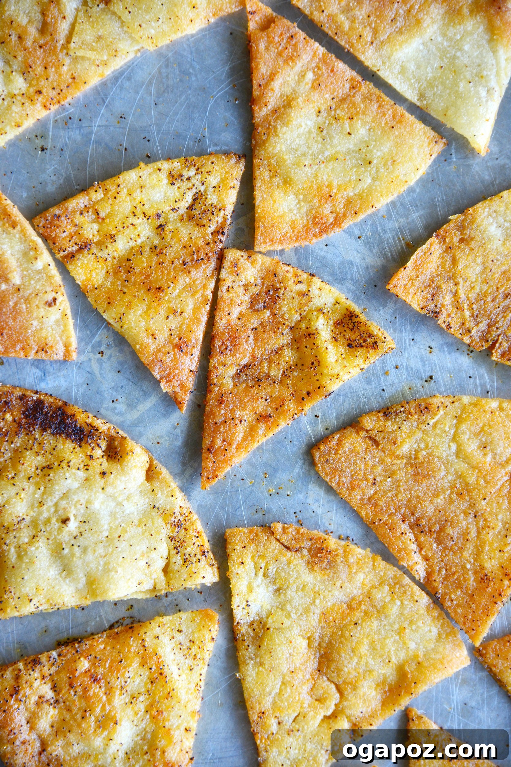 The Art of Homemade Tortilla Chips 7 Freshly baked, golden-brown tortilla chips cooling on a baking sheet.
