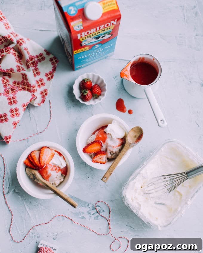 Simple 3-Ingredient Banana Nice Cream 3 Two bowls of banana ice cream with fresh strawberries, and a jug of milk in the background, illustrating the simplicity of the recipe.