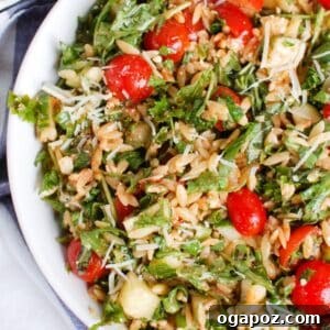 Tomato Feta Orzo Salad ready to serve, vibrant and fresh.