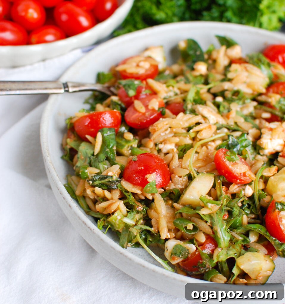 Vibrant Tomato Feta Orzo Salad 3 Close-up view of Tomato Feta Orzo Salad with a fork, highlighting the fresh ingredients and creamy feta.