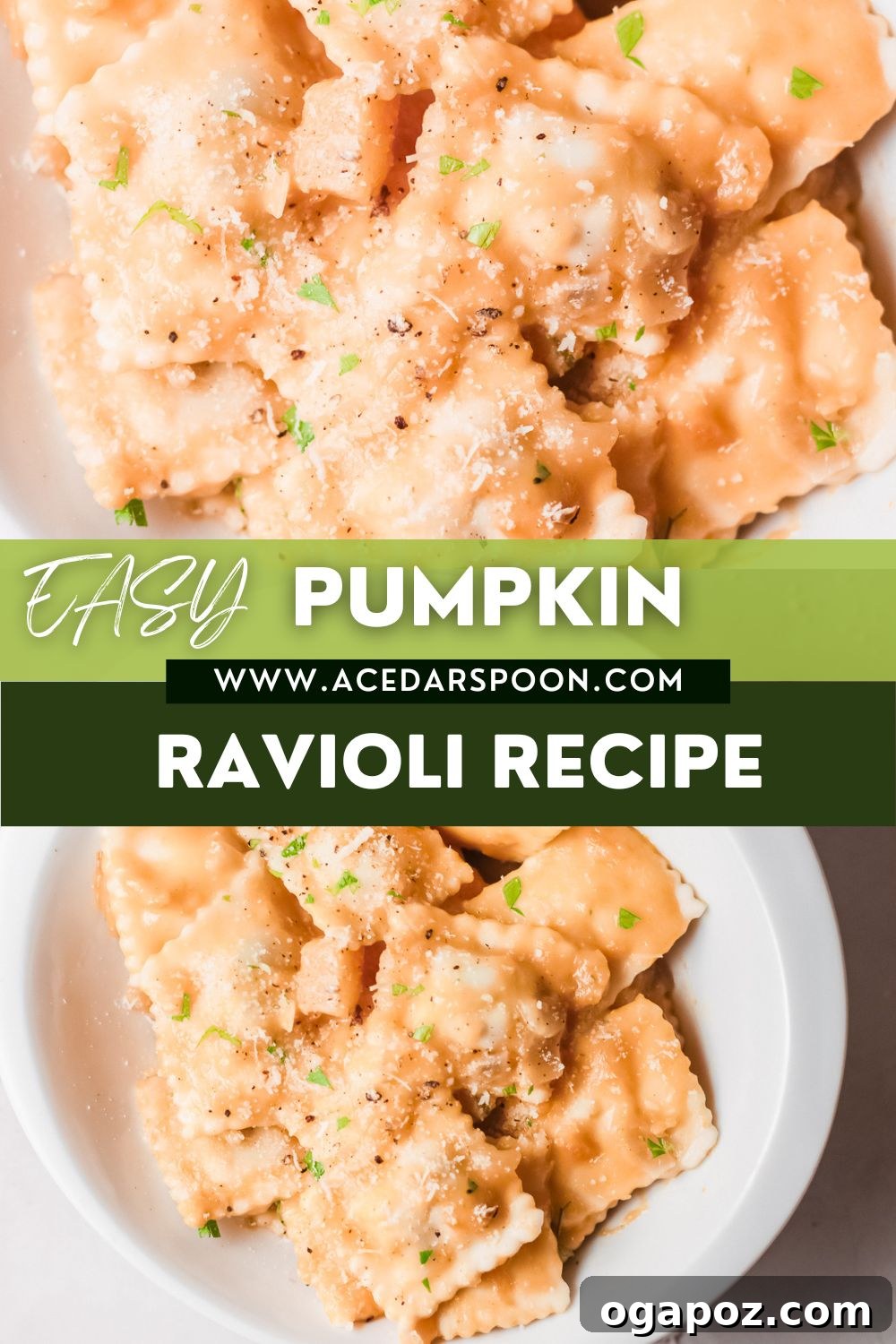 Brown Butter Sage Pumpkin Ravioli 9 A beautifully presented bowl of Creamy Pumpkin Ravioli, garnished and ready to be served, with a brand logo in the corner.