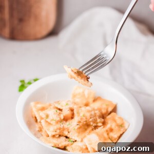 Brown Butter Sage Pumpkin Ravioli 10 Creamy Pumpkin Ravioli in white bowl, recipe card image