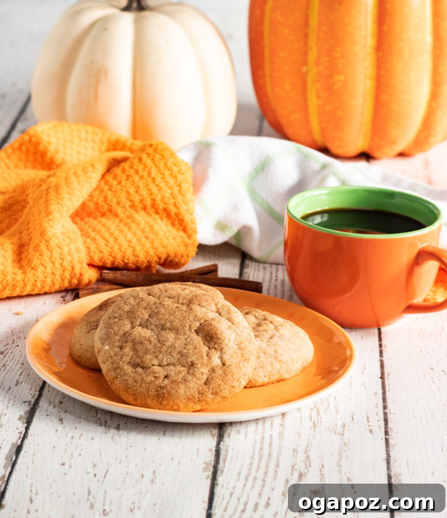 Harvest Spice Snickerdoodles 4 Two Pumpkin Snickerdoodles on a plate next to a cup of coffee, suggesting a perfect pairing for a warm beverage