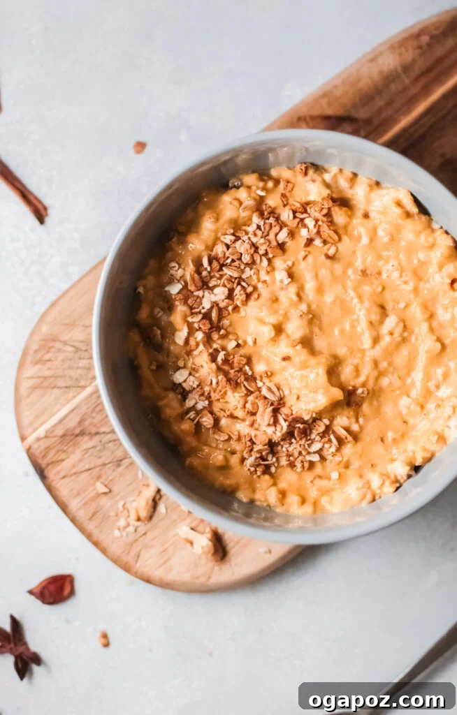 Cozy Pumpkin Oatmeal 2 Easy Pumpkin Oatmeal served in a blue bowl, garnished with pumpkin seeds and a sprinkle of cinnamon, perfect for a cozy breakfast.