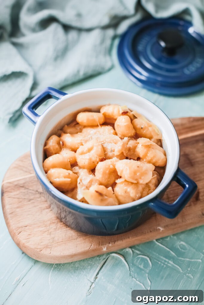 Hearty One Pot French Onion Gnocchi 3 One Pot French Onion Gnocchi in blue bowl
