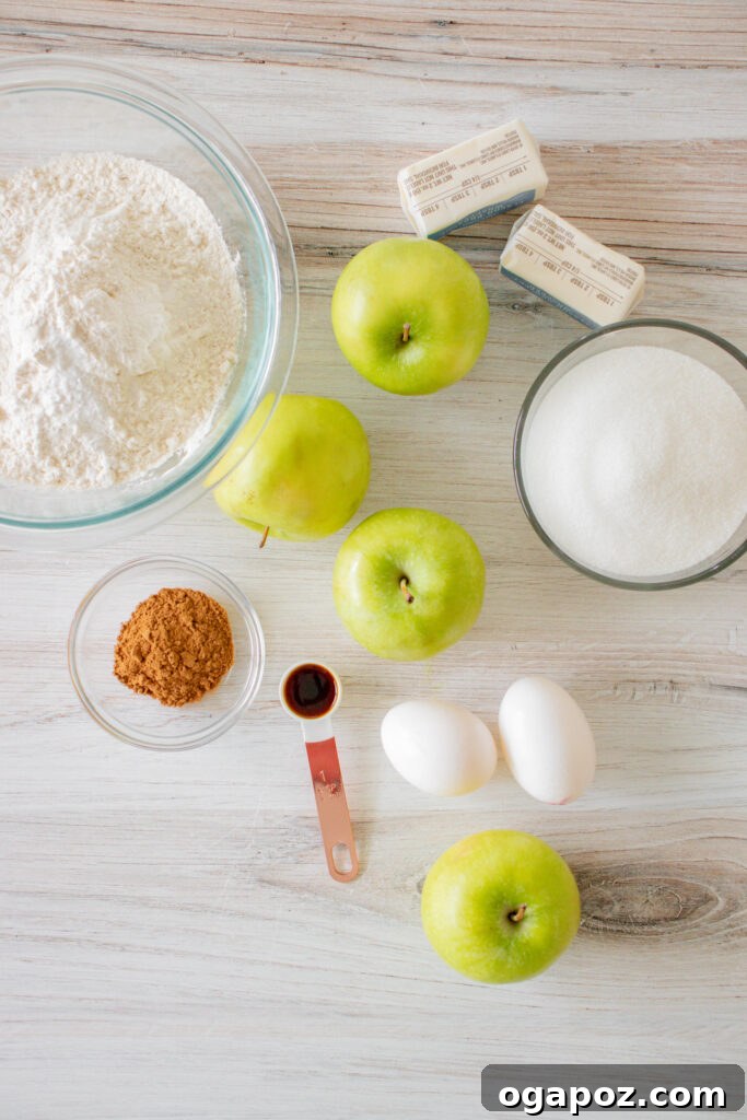 Autumn Apple Bars with Pumpkin Spice Glaze 3 A curated display of all the ingredients needed to bake Apple Bars with Pumpkin Pie Spice Icing, including fresh apples, flour, butter, sugar, eggs, and spices.