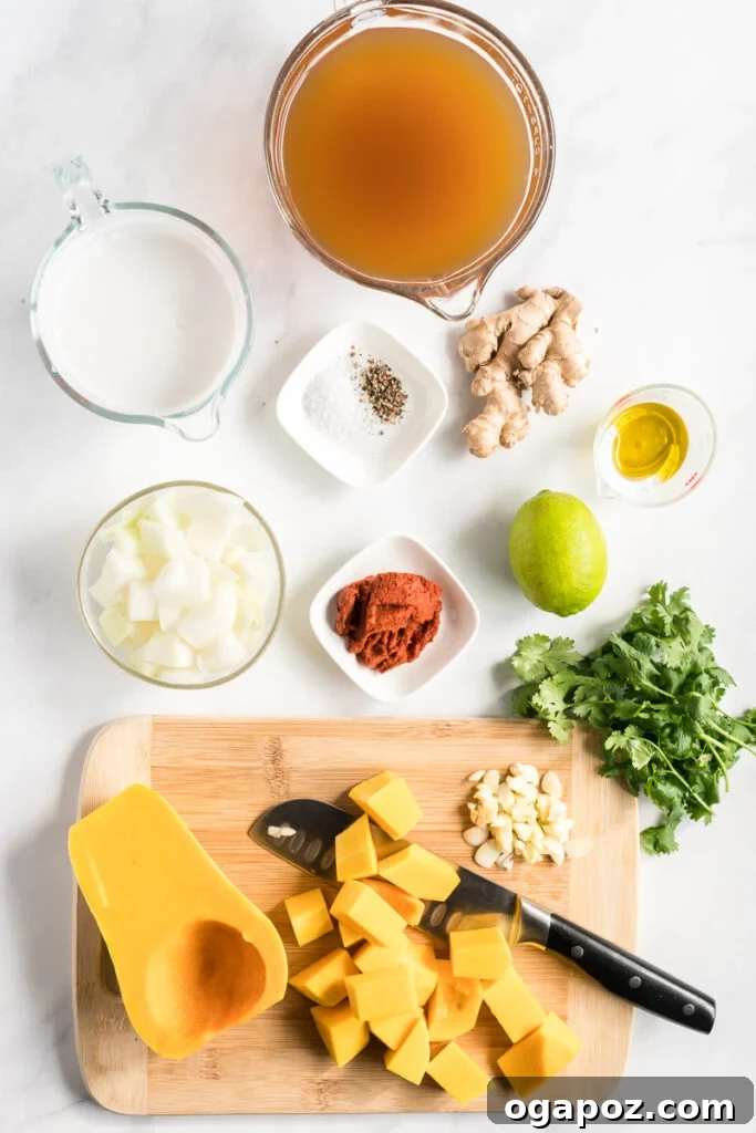 Butternut squash soup ingredients laid out on a table