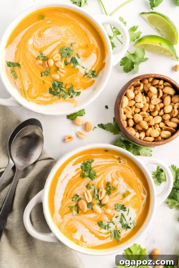 Instant Pot Butternut Squash Soup garnished with peanuts and cilantro
