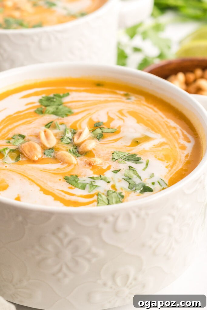 Instant Pot Butternut Squash Soup in a white bowl, ready to serve