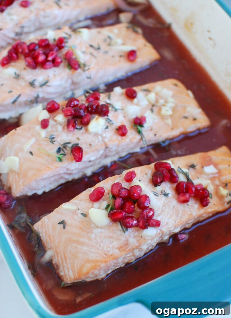 Jeweled Pomegranate Salmon 4 Honey Glazed Pomegranate Salmon in a glass baking dish, ready for the oven