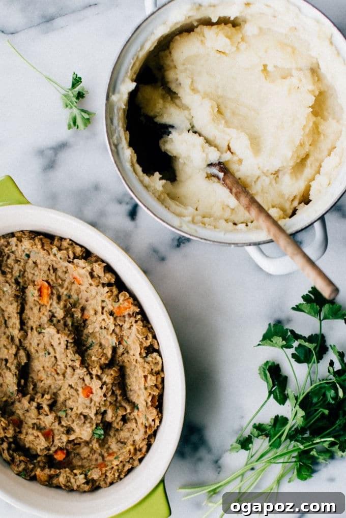 Hearty Lentil Shepherd's Pie 3 The savory lentil layer and creamy mashed potato topping, perfectly arranged for assembling vegetarian shepherd's pie.