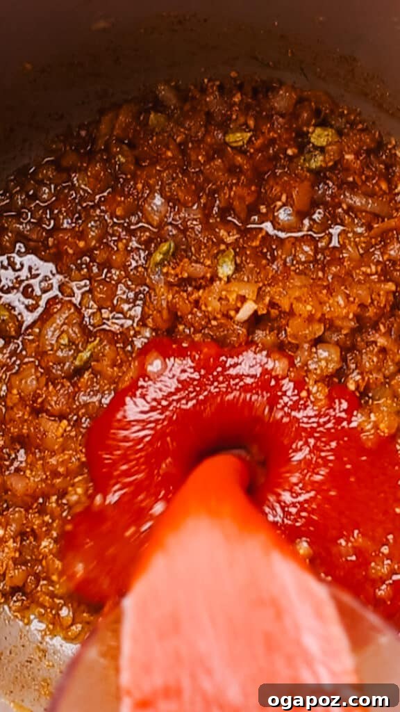 Effortless Creamy Paneer Kofta Curry 9 Pouring tomato puree into the Malai Kofta sauce base.