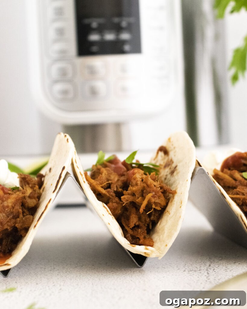 Tender and Crispy Instant Pot Carnitas 7 Instant Pot Carnitas served in soft tacos, held in a metal taco holder, garnished with fresh cilantro.