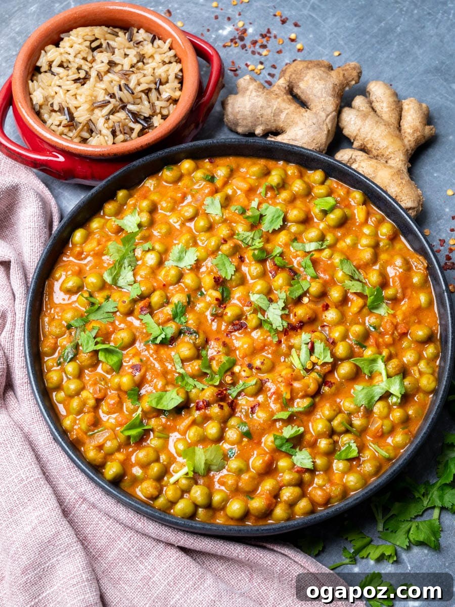 Flavorful Indian Vegetarian Dinner Ideas 13 A hearty and vibrant bowl of Green Peas Curry (Matar Masala), a simple yet delicious vegan meal, perfect for any occasion.
