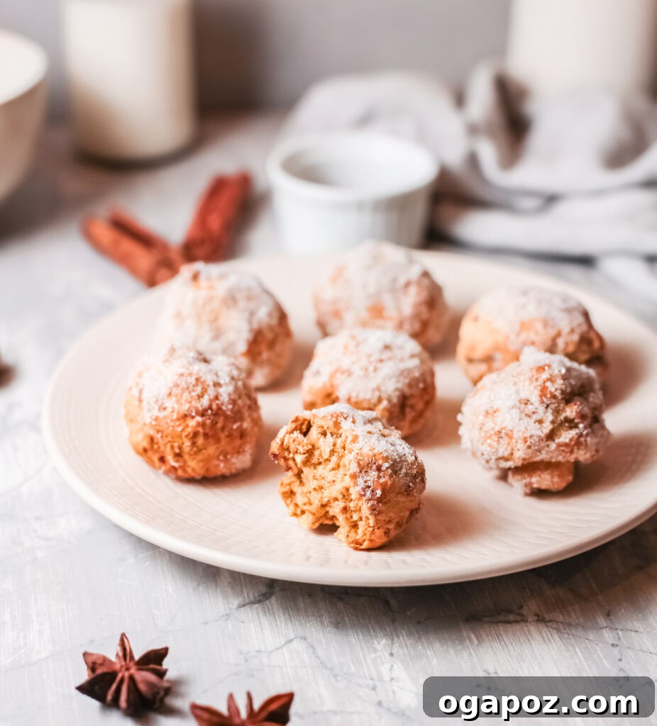 Easy Air Fryer Donut Bites 9 A generous serving of freshly prepared Air Fryer Pumpkin Donut Holes, beautifully coated in cinnamon sugar, presented appealingly on a clean white plate.