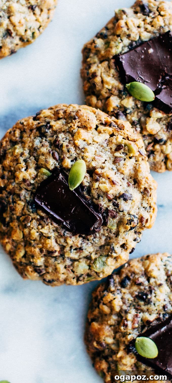Wholesome Seeded Currant Cookies 5 Stack of golden brown wholesome seed and currant cookies with visible oats and seeds, served on a white plate.