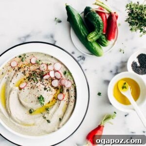 A close-up of creamy Black Sesame Hummus in a bowl, artfully garnished with a swirl of olive oil and a sprinkle of black sesame seeds.