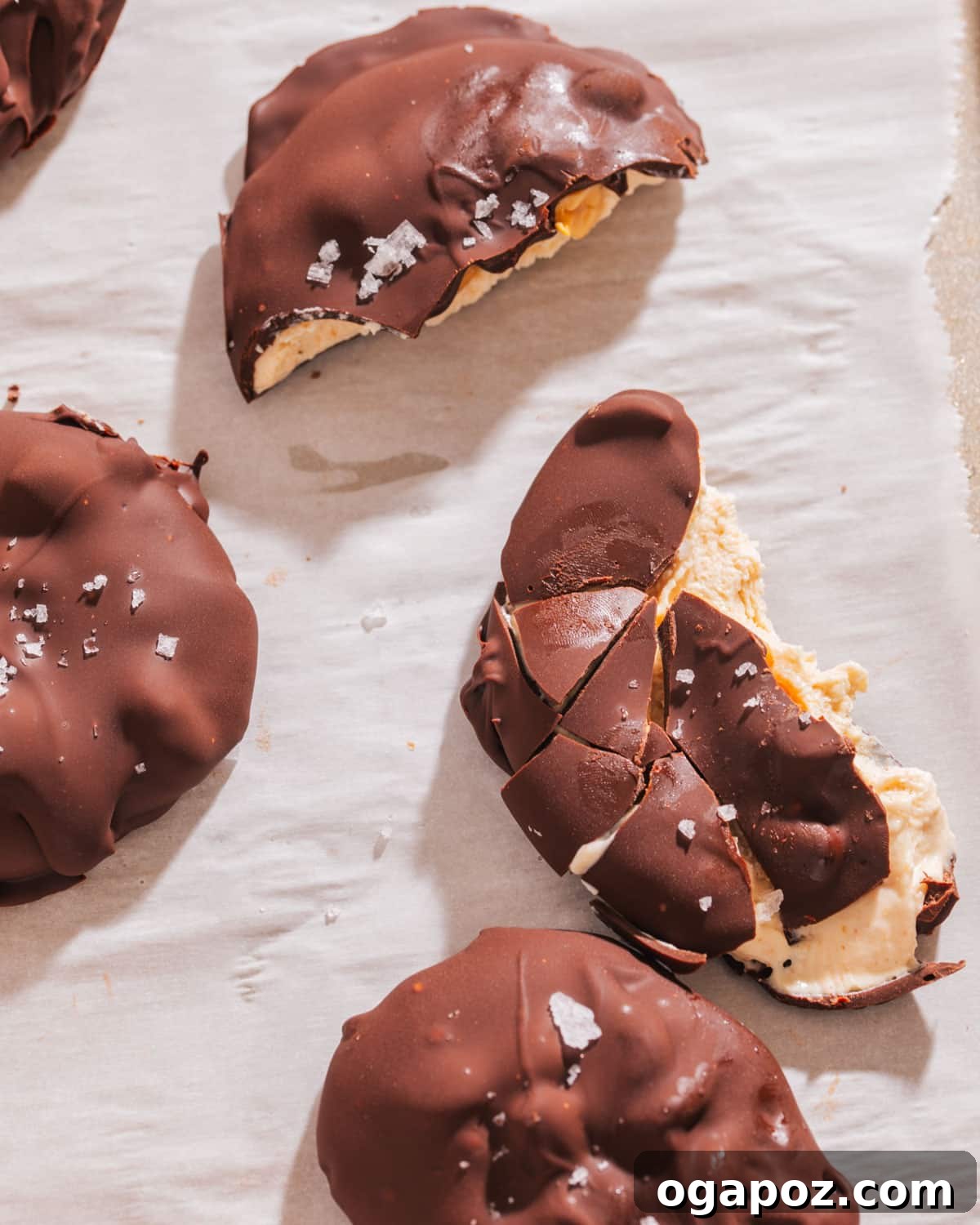 Peanut Butter Chocolate Greek Yogurt Bliss Bites 8 Close-up of Frozen Yogurt bites with peanut butter greek yogurt filling and chocolate coating.